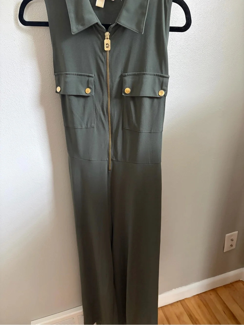 Michael Kors Olive Green Sleeveless Utility Jumpsuit with Gold Hardware